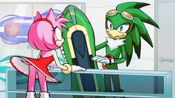 1boy 1girls amy_rose anthro blue_eyes female glasses green_eyes hawk hedgehog jet_the_hawk male no_panties penis pink_fur pink_hair sonic_(series) sonic_riders