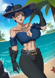 barleyshake beach big_breasts black_gloves black_hair black_lips black_lipstick blue_eyes cleavage eyepatch gloves hourglass_figure huge_breasts midriff millennium4ever original_character pirate rareware scar scars sea_of_thieves short_hair small_waist solo tattoo tattoos the_gotthards xbox_game_studios