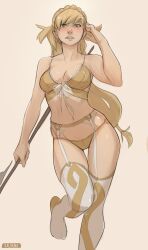 1girls blonde_hair breasts female female_only fire_emblem fire_emblem_heroes garter_belt green_eyes holding_object kalruna lingerie lingerie_only long_hair looking_at_viewer nintendo one_leg_up panties sharena_(fire_emblem) solo thighhighs thighs yellow_garter_belt yellow_panties