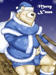 2021 absurd_res anthro beard belly blush bulge christmas christmas_clothing christmas_headwear clothing ded_moroz facial_hair genital_outline hat headgear headwear hi_res holidays kemono male mammal mature_male navel overweight overweight_male penis_outline polar_bear santa_hat sitting solo tanutronik753_k underwear ursid ursine