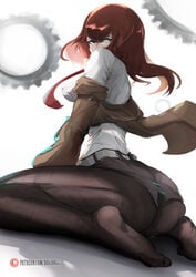 1girls ass bbadogg big_hips female female_focus female_only jacket jacket_off_shoulders large_ass large_hips light-skinned_female light_skin looking_over_shoulder makise_kurisu necktie off_shoulder red_hair short_shorts shorts sitting soles solo solo_female steins;gate steins;gate_0 thick_thighs thin_waist