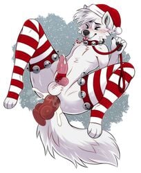 anthro bell bodily_fluids candy candy_cane canid canine clothing collar cum dessert dildo food footwear fox fur genital_fluids hat headgear headwear hi_res leash male male_focus male_only male_penetrated mammal princelykaden sex_toy socks solo tongue tongue_out white_body white_fur