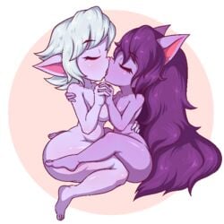 2girls breasts closed_eyes duo female female/female hair hand_holding humanoid humanoid_pointy_ears interlocked_fingers kissing league_of_legends long_hair lulu_the_fae_sorceress marshort multiple_girls nude nude_female purple_hair purple_skin riot_games simple_background thick_thighs tristana video_games white_hair yordle yuri