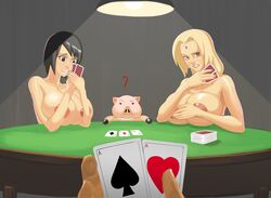 2girls anythinggoes black_hair blonde_hair huge_breasts large_breasts looking_at_viewer multiple_girls nail_polish naruto nipples pig poker pov shizune strip_poker tonton tsunade