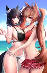 2girls absurdres alternate_costume animal_ears beach bikini bikini_bottom bikini_top black_hair blue_eyes breast_press breasts brown_hair cleavage daiwa_scarlet_(umamusume) eishin_flash_(umamusume) female hand_on_back highres horse_ears horse_girl horse_tail hug large_breasts long_hair looking_at_viewer medium_hair multiple_girls navel outdoors red_hair smile standing swimsuit symmetrical_docking tail tiara twintails umamusume unstableboiler