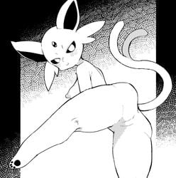 2021 anthro anthrofied anus areola ass bedroom_eyes black_nose blush breasts canid canine eeveelution espeon feet female fur genitals looking_at_viewer looking_back mammal masha monochrome narrowed_eyes nintendo pawpads paws pokémon_(species) pokemon pokemon_(species) pokemorph presenting presenting_hindquarters presenting_pussy pussy raised_leg rear_view seductive simple_background solo spread_legs spreading video_games