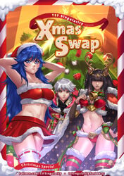 1boy 2girls alternate_costume arms_behind_head bangs bare_midriff bare_thighs bell bikini black_hair blue_eyes blue_hair breasts christmas christmas_outfit christmas_tree fire_emblem fire_emblem_awakening fire_emblem_heroes hat legs long_hair looking_at_viewer lucina_(fire_emblem) medium_breasts midriff multiple_girls nintendo official_alternate_costume panties pantyshot pantyshot_(standing) pose purple_eyes red_panties robin_(fire_emblem) robin_(fire_emblem)_(male) santa_bikini santa_costume santa_dress santa_hat silver_hair skirt swimsuit tharja_(fire_emblem) tharja_(winter)_(fire_emblem) thighhighs thighs tsfsingularity underwear upskirt very_long_hair