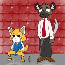 aggressive_retsuko ailurid alley anthro beer_bottle bodily_fluids bottle bottomwear clothed clothing clothing_aside drinking duo female genital_fluids genitals haida hi_res holding_penis hyaenid illegaleel male male/female mammal panties panties_aside peeing peeing_together penis penis_through_fly poking_out public_urination pussy raised_bottomwear raised_clothing raised_skirt red_panda retsuko sanrio skirt smooth_fur underwear underwear_aside urine watersports