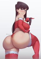 1girls 2021 :o absurdres artist_signature ass ass_focus ass_shot back_view big_ass big_breasts black_hair breasts bubble_butt christmas female female_only high_resolution huge_ass huge_breasts hyper_ass komi-san_wa_komyushou_desu komi_shouko long_gloves long_hair looking_at_viewer massive_ass phat_smash red_clothing round_ass sideboob simple_background solo solo_female thick_thighs thighs white_background