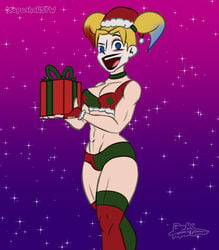 1girls abs batman_(series) big_breasts blonde_hair blue_eyes bra christmas christmas_outfit clown_makeup dc dc_comics female female_only gift harleen_quinzel harley_quinn mapashonsfw muscles muscular muscular_female shorts smile solo sports_bra thick_thighs thighhighs thighs white_body white_skin