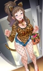 1girls absurd_res alternate_breast_size big_breasts breasts brown_hair cat_bell cat_ears collar condom denim denim_shorts female fishnet_pantyhose halloween hi_res hilda_(pokemon) jirusu large_breasts leopard_print long_hair looking_at_viewer minishorts nintendo nipples_visible_through_clothing pantyhose pokemon pokemon_bw shorts solo thick_thighs thighs wide_hips