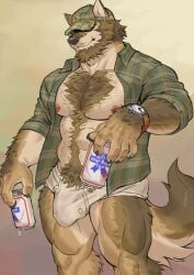 5_fingers abs adios alcohol anthro bara beard beer beverage beverage_can body_hair briefs brown_fur bulge canid canine canis claws clock clothing daddy dilf facial_hair finger_claws fingers flannel_shirt fur furry happy_trail hat_over_eyes hi_res holes_in_underwear male mammal manly muscular muscular_male nipples pecs penis penis_outline penis_under_clothes pubes redneck smile smirk solo tighty_whities underwear watch white_briefs white_clothing white_underwear wolf wristwatch yaoi