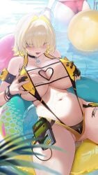 1girls 2girls absurdres ahoge ass ball bandeau beachball bikini black_choker blonde_hair breasts choker cleavage_cutout clothing_cutout commentary elegg_(boom_and_shock)_(nikke) elegg_(nikke) female goddess_of_victory:_nikke grabbing_own_breast hair_intakes heart_cutout highres huge_breasts innertube multiple_females multiple_girls navel official_alternate_costume pool purple_eyes rapi_(nikke) rapi_(red_hood)_(nikke) rapi_(red_hood)_(red_flavor)_(nikke) red_bikini sadan1317 see-through_clothes short_hair slingshot_swimsuit solo_focus stomach swim_ring swimsuit thighs yellow_slingshot_swimsuit