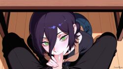 ai_generated blowjob cafe chainsaw_man choker erect_penis erection green_eyes handjob nucharona reze_(chainsaw_man) smile table under_the_table