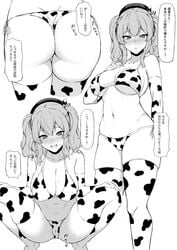 animal_print ass beret bikini blush breasts cameltoe cleavage collarbone cow_print elbow_gloves female gloves greyscale hat highres japanese_text kantai_collection kashima_(kantai_collection) large_breasts looking_at_viewer monochrome multiple_views open_mouth parted_lips squatting standing sweat swimsuit takaman_(gaffe) text thighhighs translated twintails