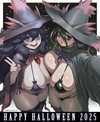 2girls ai-assisted alternate_breast_size_(larger) asymmetrical_docking bags_under_eyes bikini black_background black_hair blush breast_press breasts cloak commentary_request cosplay curvy earrings female female_focus female_only game_freak gem hair_between_eyes halloween halloween_costume happy_halloween hat hex_maniac hex_maniac_(pokemon_legends:_z-a) hex_maniac_(pokemon_xy) highres huge_breasts jewelry large_breasts large_earrings lips long_hair looking_at_viewer low_ponytail messy_hair micro_bikini mismagius mismagius_(cosplay) neolurker nintendo open_clothes outline parted parted_lips plump pokemon pokemon_(cosplay) pokemon_(species) pokemon_legends:_z-a pokemon_xy ponytail purple_eyes purple_hair revealing_clothes selfie smile sphere_earrings swimsuit symmetrical_docking thick_thighs thighhighs thighs two-tone_background v veins veiny_breasts very_long_hair white_background white_outline witch_hat