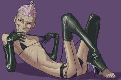 bikini black_bikini black_gloves black_legwear black_thighhighs brain bulge crossdressing deity e_nosel_0609 elbow_gloves emaciated exposed_brain fear_and_hunger full_body garter_belt garter_straps gloves grin high_heels lingerie looking_at_viewer male male_only micro_bikini on_back purple_background skinny smile solo thighhighs twink valteil_(fear_and_hunger) yellow_body yellow_skin