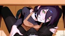 ai_generated cafe chainsaw_man choker erect_penis erection erection_under_clothes green_eyes leg_grab nucharona reze_(chainsaw_man) smile table under_the_table