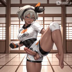 1futa ai_generated balls bea_(pokemon) dark-skinned_futa dark_skin dojo erect_penis erection feet fighting_stance fists_clenched flordulce futa_only futanari game_freak grey_eyes grey_hair hairband hairy_balls indoors intersex leg_up open_mouth penis penis_out pokemon pokemon_ss pubic_hair ripped_clothing serious shirt shorts solo_futa sportswear standing testicles undershirt