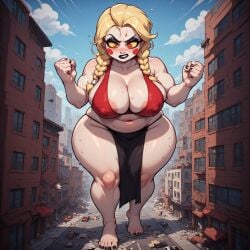 ai_generated angry_face black_lipstick blonde_hair charlie_morningstar_(hazbin_hotel) city_destruction disappointed_look fists_clenched hazbin_hotel painting perchance_ai rampage red_eyes stomping white_skin yellow_sclera