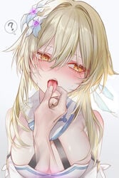 1girls blonde_hair blush disembodied_hand genshin_impact lumine_(genshin_impact) pottsness tongue tongue_out yellow_eyes