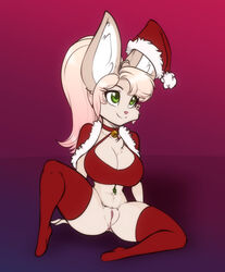 2021 absurd_res anthro anus bell bell_collar big_ears bottomless bra breasts canid canine chest_tuft christmas christmas_clothing christmas_headwear cleavage clothed clothing collar eyebrow_through_hair eyebrows eyelashes female female_only fennec fox fur genitals green_eyes hair hat headgear headwear hi_res holidays inner_ear_fluff legwear long_hair mammal navel original original_character ponytail pussy red_bra red_clothing red_legwear red_thigh_highs red_underwear santa_hat scorpdk sitting smile solo spread_legs spreading telethia_(scorpdk) thick_thighs thigh_highs thighs translucent translucent_hair tuft underwear