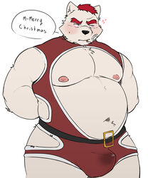 2021 anthro belly blush bodily_fluids bulge canid canine christmas clothed clothing english_text genital_fluids hi_res holidays kemono male mammal moobs navel nipples overweight overweight_male precum simple_background smoking solo text white_background whitebeast20