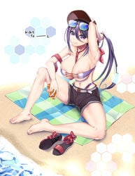 areolae ariake_(kantai_collection) armpits barefoot bikini breasts covered_nipples eyewear_on_head female hat highres kakisaki_kousei kantai_collection large_breasts navel outdoors ponytail purple_eyes purple_hair shorts simple_background sunglasses sunglasses_on_head swimsuit white_background