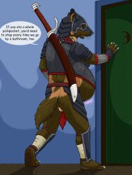 after_vore anthro anthro_pred anus armor belly big_belly bottomless bottomless_female brown_body brown_eyes brown_fur chainmail clothed clothing dialogue english_text female female_anthro female_pred footwear fully_inside fur furgonomic_headwear furgonomics genitals gulonine hi_res inside mammal melee_weapon mustelid musteline partially_clothed pussy rumbling_stomach sandals scabbard shoes solo speech_bubble strega sword tail text vore vore_belly vulva weapon whiskers wolverine