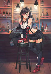 1girls alcohol alcohol_bottles alcoholic_beverage alcoholic_drink artist_logo artist_signature bar barstool bartender belly belly_button black_hair blush blush blushing_at_viewer boots breasts clothed clothed_female dark_hair detailed_background fair_skin female female female_only final_fantasy final_fantasy_vii fingerless_gloves gloves large_breasts light-skinned_female light_skin long_hair midriff miniskirt navel nipple_bulge open_mouth open_mouth ponytail red_eyes short_skirt socks solo solo_female square_enix suspenders tank_top tanktop teeth teeth_showing teeth_visible thejettyjetshow thigh_high_socks thigh_highs thighhigh_socks thighhighs tifa_lockhart