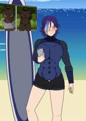 apoliac-99 blue_hair blush chubby_female interracial kisekae male_focus phone revealing_clothes reverse_netorare surfboard