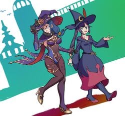 2girls avocadoragon breasts cape cosplay crossover female genshin_impact glasses hat little_witch_academia mona_(genshin_impact) mona_(genshin_impact)_(cosplay) tagme ursula_callistis ursula_callistis_(cosplay)