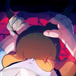2025 ambiguous_gender animate_inanimate armor black_body blowjob bodily_fluids clothing colored crt_effect deltarune detailed_background digital_media_(artwork) duo eram eram_(deltarune) floating gauntlets genitals gloves handwear hi_res horn kris_(deltarune) lodetail male male/ambiguous oral oral_penetration orange_mouth outline penetration penis pov shaded shadow_creature shadow_mantle_(deltarune) sweat tongue undertale_(series)
