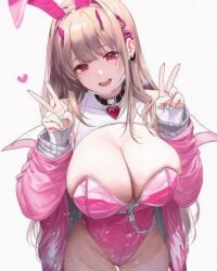 1girls ai_generated breasts bunny_ears bunnysuit chains choker cleavage female fishnet_legwear fishnets goddess_of_victory:_nikke heart horn horns huge_breasts legwear nail_polish nikke peace_sign pink_clothes pink_eyes sweater thefelix v_sign viper_(nikke) wide_hips