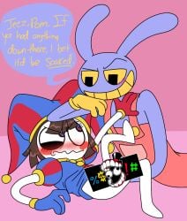annoyed anthro blush bottomless caine_censorship censor_bar chimeracocks clothed clothing dialogue duo embarrassed female flustered fully_clothed glitch_productions gooseworx hand_on_crotch humanoid jax_(tadc) jax_(the_amazing_digital_circus) lagomorph leporid male male/female mammal null partially_clothed pomni pomni_(tadc) pomni_(the_amazing_digital_circus) pushing_away rabbit size_difference tadc_censor_bar teasing the_amazing_digital_circus