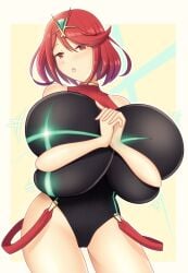 1girls big_breasts breast_squish breasts clothed clothing grabbing_own_hand huge_breasts hyper_breasts interlocked_fingers large_breasts open_mouth pantsudesu pyra red_eyes red_hair slight_blush solo solo_female xenoblade_(series) xenoblade_chronicles_2