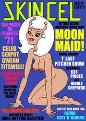 1girls 2021 alien antennae archie's_tv_funnies black_sclera dick_tracy english_text female female_only kneeling large_breasts moon_maid nude solo toonytease white_hair yellow_eyes