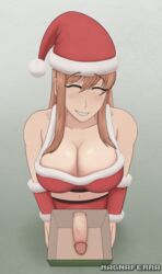 1futa big_breasts big_penis breasts brown_hair christmas clothed clothing dick_in_a_box doki_doki_literature_club erection futa_only futanari green_eyes high-angle_view human light-skinned_futanari light_skin looking_at_viewer looking_up magna_ferra monika_(doki_doki_literature_club) mostly_clothed pale_skin penis solo standing