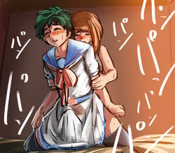 1boy 1futa anal bottomless clothed clothing crossdressing duo erection_under_clothes from_behind futa_on_male futanari holding_arms human izuku_midoriya kneeling light-skinned_futanari light-skinned_male light_skin male my_hero_academia ochako_uraraka pale_skin partially_clothed raitaroo school_uniform sex thighhighs