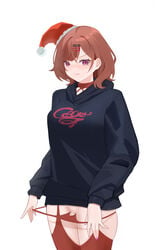 54etfs absurdres blush brown_hair cum cum_in_pussy cum_inside female frown hair_ornament hat highres higuchi_madoka idolmaster idolmaster_shiny_colors jacket looking_at_viewer medium_hair mole mole_under_eye pussy santa_hat simple_background solo standing uncensored white_background