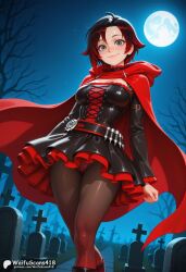 ai_generated belt black_dress black_footwear black_hair blush boots breasts brown_pantyhose cape cleavage cloak closed_mouth corset cross dress female frills full_moon gradient_hair grave graveyard grey_eyes high_resolution highres hood hooded_cloak knee_boots long_sleeves looking_at_viewer medium_breasts moon multicolored_hair night night_sky outdoors panties panties_under_pantyhose pantyhose pantyshot patreon_username red_cape red_hair ruby_rose rwby short_hair sky smile solo stable_diffusion standing tombstone tree two-tone_hair underwear upskirt waifuscans418 watermark web_address