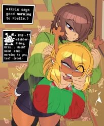 1boy 1girls 2025 absurd_res ahe_gao ambiguous_gender anthro antler_grab antlers big_breasts blonde_hair breast_grab breasts brown_hair captain_kirb caught_off_guard cleavage clothed clothing deer deltarune deltarune_chapter_4 dialogue drool drooling dubious_consent dumb duo english english_commentary english_text expressionless eyes eyes_half_open eyes_rolling_back female female/ambiguous femsub fingers_in_mouth grope groping groping_breasts groping_from_behind hair hand_on_breast hi_res horn huge_breasts human human_on_anthro in_public inside interspecies kris_(deltarune) kris_dreemurr large_breasts male mammal noelle_holiday open_mouth pleasure_face pleasured rape red_eyes saliva school_uniform schoolgirl shocked shocked_expression sloppy speech surprised text text_box tongue tongue_out twitter_link undertale_(series)