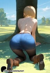 ai_generated android_18 ass beach blonde_hair blue_sky boots brown_footwear cloud day dragon_ball dragon_ball_super dragon_ball_z female forest grass horizon island landscape mountain mountainous_horizon nature outdoors river skirt sky sunori topless tree water