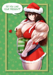 1boy 1girls breasts brown_eyes brown_hair busty christmas christmas_hat christmas_outfit cleavage couple elbow_gloves gloves hat holding huge_breasts hugging large_breasts motorboating muscular_female pegius romantic romantic_couple size_difference smile smiling smothering