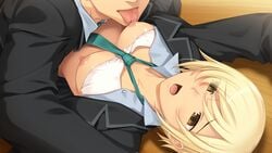 1boy bangs between_breasts black_jacket blonde_hair blue_neckwear breasts brown_eyes collared_shirt eyebrows_visible_through_hair female game_cg grey_shirt gyaku_oudou hair_between_eyes head_out_of_frame jacket licking licking_nipple long_sleeves lying miyakojima_fuuko necktie necktie_between_breasts nipples on_back open_clothes open_jacket open_mouth open_shirt sakurajima_saromako school_uniform shiny shiny_hair shirt short_hair small_breasts straight tongue tongue_out upper_body wing_collar wooden_floor