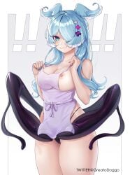 :3 apron bangs black_panties blue_eyes blue_hair blue_nails breasts cleavage closed_mouth cowboy_shot cross_hair_ornament elira_pendora female greatodoggo hair_ornament hair_over_one_eye head_wings highleg highleg_panties highres japanese_clothes kimono large_breasts long_hair looking_at_viewer low_wings nail_polish nijisanji nijisanji_en nipple_slip nipples panties purple_kimono simple_background solo standing twitter_username underwear virtual_youtuber wings