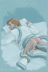 1boy 1male balls ballsack bara bara_ass blonde_hair frilly_clothing frilly_shirt heart_on_ass heart_on_butt male male_only nightshirt our_flag_means_death partial_nudity partially_nude pillow pillow_grab stede_bonnet tabbystardust tentacle tentacle_around_leg tentacle_around_waist tentacle_in_ass tentacle_in_mouth tentacle_on_male tentacle_penetration tentacle_sex yaoi