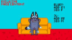 aged_up anthro australian_cattle_dog bird_dog black_body blue_body blue_wall blue_wallpaper bluey_(series) bluey_heeler broken_pixel canid canine canis cattledog digital_media_(artwork) domestic_dog female furniture genitals gore herding_dog hunting_dog jean-luc_(bluey) knot knotted_penis labrador male male/female mammal old_artwork orange_sofa pastoral_dog penetration penile penile_penetration penis penis_in_vagina pixel_(artwork) pussy red_rug retriever series:my_headcanon_bluey sex sofa sofa_sex stated_age stated_gender translucent vaginal_penetration