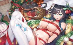 1girls christmas genderswap_(mtf) genshin_impact gift_wrapped highres present red_ribbon ribbon ribbon_bondage ribboned_body rule_63 stockings tagme venti_(genshin_impact) very_high_resolution