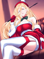 bare_shoulders belt belt_buckle beret blonde_hair blue_eyes bow buckle christmas crossed_legs detached_sleeves female fur-trimmed_gloves fur_trim gloves green_bow hair_between_eyes hat headband highres holding kantai_collection lips long_hair looking_at_viewer mole mole_under_eye mole_under_mouth red_gloves red_headband richelieu_(kantai_collection) shingyou_(alexander-13) sitting solo thighhighs white_belt white_legwear